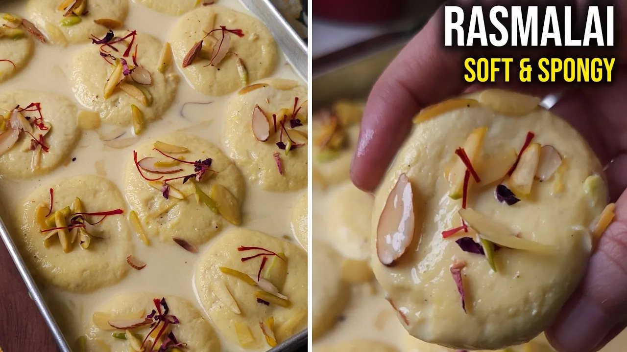 Rasmalai Recipe | Soft & Spongy Homemade Ras Malai with Easy Rabdi | Indian Dessert Recipe